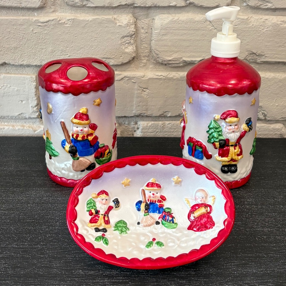 Vintage Holiday Bath Set 3 Piece Ceramic Santa Snowman Angel Soap Dispenser Dish